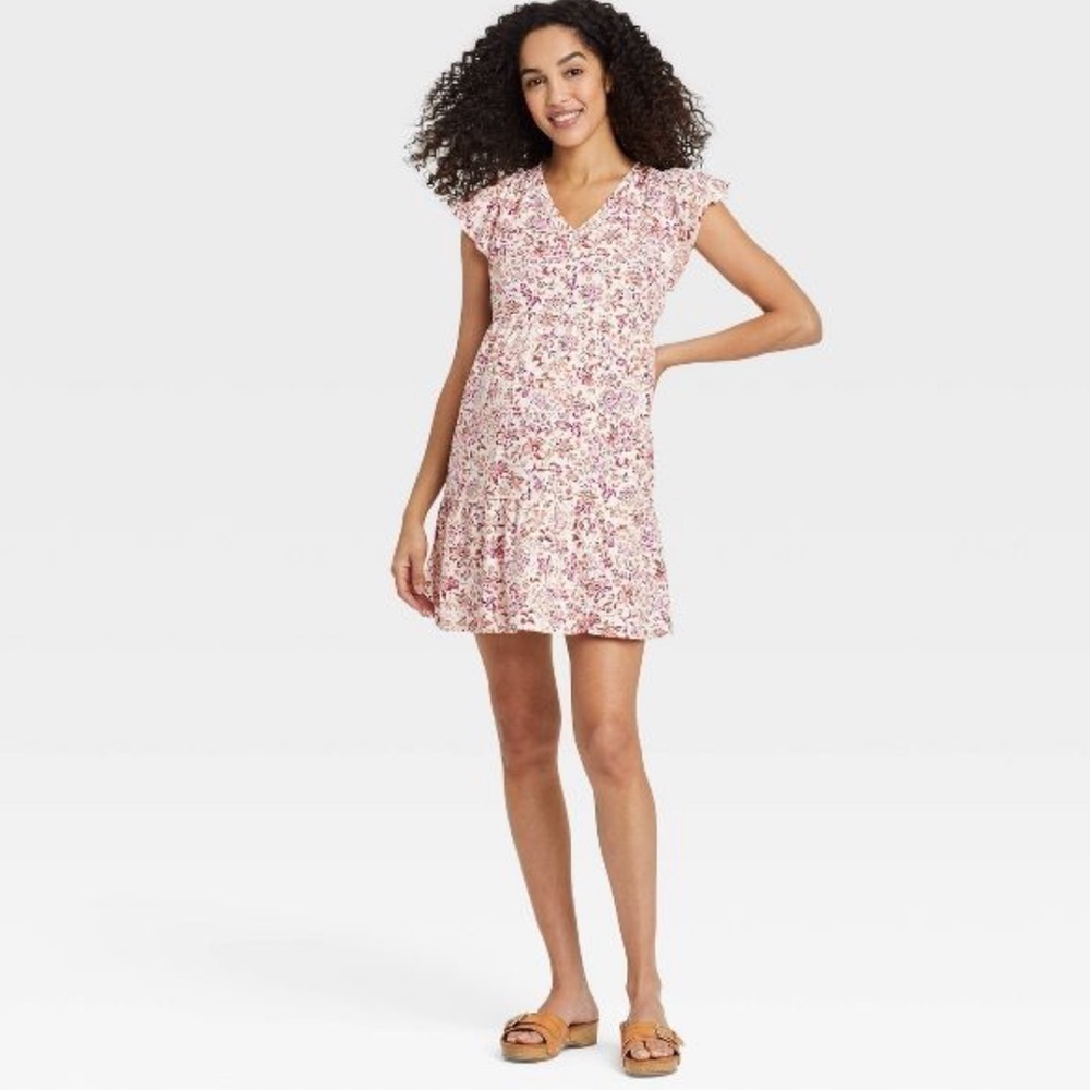 Isabel Maternity Linen blend Flutter Short Sleeve mini  Dress small new pink
